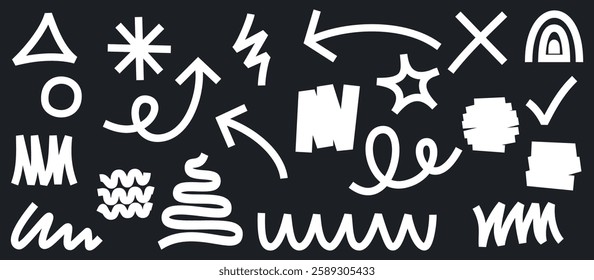Doodle art vector illustration. Creative and fun, cute, black and white geometric elements of circles, arrows, curves, wavy lines and decorative symbols for graphic backgrounds, design and decoration.