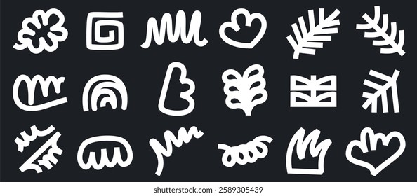 Doodle art vector illustration. Creative and fun, cute, black and white geometric elements of circles, arrows, curves, wavy lines and decorative symbols for graphic backgrounds, design and decoration.