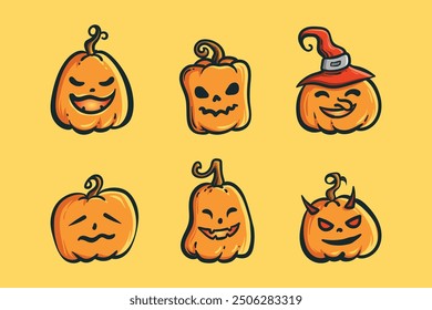 Doodle art vector illustration of pumpkin with various expressions. Pumpkin in Halloween event. Pumpkin fruit illustration. Halloween theme illustration