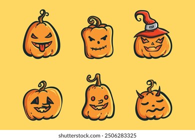 Doodle art vector illustration of pumpkin with various expressions. Pumpkin in Halloween event. Pumpkin fruit illustration. Halloween theme illustration