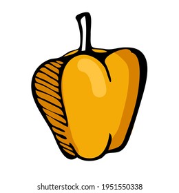 Doodle art yellow bell pepper isolated on white background. Simple vegetable clipart for recipe, menu, cafe or restaurant identity, decor. Healthy food, vegetarian