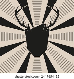 Doodle artistic frame with deer antlers on trendy Geometrical sun burst background. Funky Empty speech bubble. Blank paper text field. Bold composition. Vector illustration EPS 10
