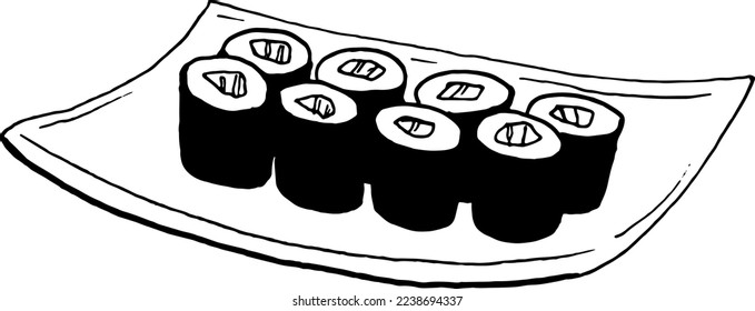 Doodle asian food ilustration maki sushi rolls set on the plate hand drawn clipart