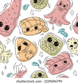 Doodle asian food pattern with sushi, onigiri, sushi roll, tempura shrimp, octopus sausage. Childish Hipster abstract doodle background with funny creatures. 