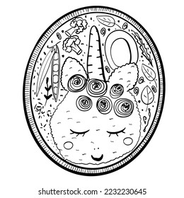 Doodle Asian food plate with rice and vegetables. Kawai unicorn hand drawn illustration for coloring page