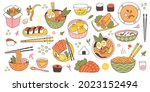 Doodle asian japanese cuisine traditional delicious food. Chinese, korean, japanese rice, noodles, fish and meat dishes vector illustration set. Oriental cuisine food as sushi, soup