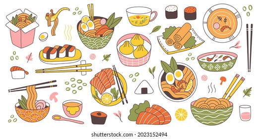 Doodle asian japanese cuisine traditional delicious food. Chinese, korean, japanese rice, noodles, fish and meat dishes vector illustration set. Oriental cuisine food as sushi, soup