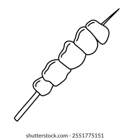 Doodle icono de pincho asiático. Carne dibujada a mano en palo, símbolo de comida japonesa. Línea de boceto simple