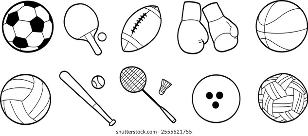 doodle assorted icons for sports, vector illustration of soccer, takrau, baseball, basketball, badminton, volleyball, bowling, and boxing