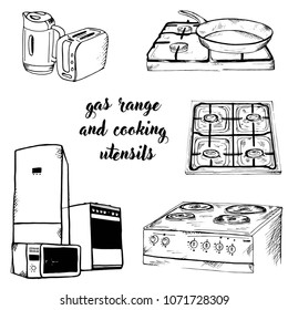 Doodle assortment of gas and kitchen utensils gas stove and cooking