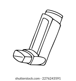 Doodle of asthma aerosol inhaler isolated on white background. Hand drawn vector illustration of personal asthma medicine.