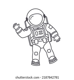 Doodle astronaut. Cartoon funny character with waving hand. Hello world. Hand drawn children cosmonaut. Vector cute person isolated on white background