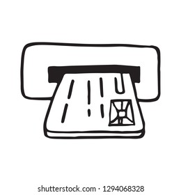 Doodle ATM card reader, black and white, hand drawn, sketch style, isolated on white background