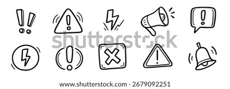 Doodle attention sign icon set. Hand drawn caution signs, warning marks and alert sketch symbols designed to exclamation sign, error or important attention icon doodle. Vector illustration