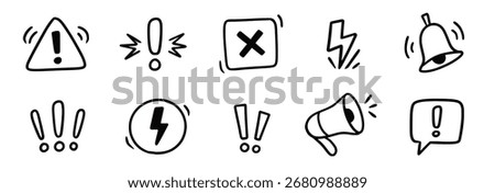 Doodle attention sign icon set. Hand drawn caution signs, warning marks and alert sketch symbols designed to exclamation sign, error or important attention icon doodle. Vector illustration