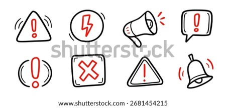 Doodle attention sign icon set. Hand drawn caution signs, warning marks and alert sketch symbols designed to exclamation sign, error or important attention icon doodle. Vector illustration