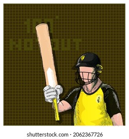 Doodle Australia Cricket Batter Raising His Bat And 100 Not Out Font On Brown Grid Background.