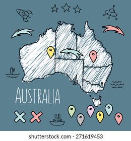 Doodle Australia map on blue chalkboard with pins and extras vector illustration