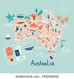 Doodle Australia Karte. Reiseführer. Handgezeichnete Vektorgrafik.