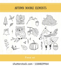 Doodle autumn forest collection with owl, fox in scarf and tea cup in hands, pumpkin , acorn, stump, house, basket. 