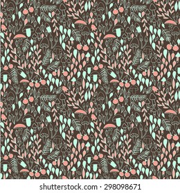 Doodle autumn forest seamless pattern: mushrooms, berries and leaves. Vector illustration