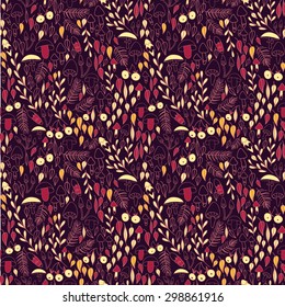 Doodle autumn forest seamless pattern. Mushrooms, berries and leaves on brown background. Vector illustration