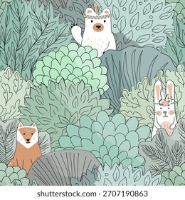 Doodle outono desenhado à mão floresta padrão sem costura. Fundo floral de Fada outono com desenhos animados árvores e animais. Ilustração vetorial.