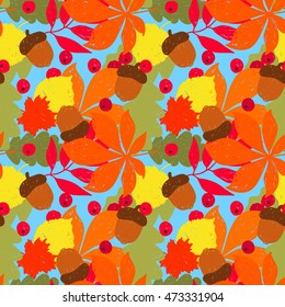 Doodle autumn handmade seamless pattern background. Hand drawn sketch leaves isolated on blue sky cover.