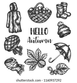 Doodle Autumn icons set hand drawn vector illustration design. Hand drawn fall elements in vintage style