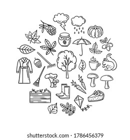 Doodle autumn illustration set. Vector hand drawn autumn symbols round concept. Cute fall season icons