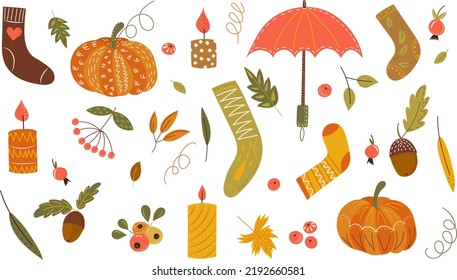 doodle autumn items in flat style isolated, vector