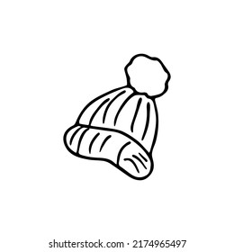 Doodle autumn knitted hat and pompoun  hand drawn warm clothes for winter cold weather  seasonal accesories Sketch freehand minimalistic design  child drawing Isolated Vector illustration