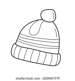 Doodle autumn knitted hat with pompoun, hand drawn warm clothes for winter cold weather, seasonal accesories. Sketch on white background