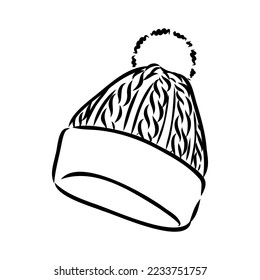 Doodle autumn knitted hat with pompoun, hand drawn warm clothes for winter cold weather, seasonal accesories.Sketch,freehand minimalistic design, child drawing.Isolated.Vector illustration