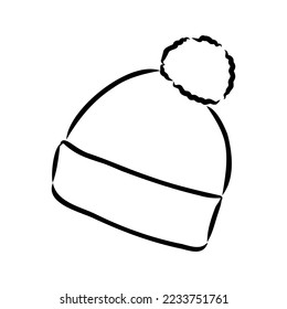 Doodle autumn knitted hat with pompoun, hand drawn warm clothes for winter cold weather, seasonal accesories.Sketch,freehand minimalistic design, child drawing.Isolated.Vector illustration