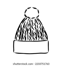 Doodle autumn knitted hat with pompoun, hand drawn warm clothes for winter cold weather, seasonal accesories.Sketch,freehand minimalistic design, child drawing.Isolated.Vector illustration