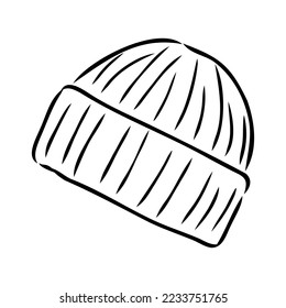 Doodle autumn knitted hat with pompoun, hand drawn warm clothes for winter cold weather, seasonal accesories.Sketch,freehand minimalistic design, child drawing.Isolated.Vector illustration