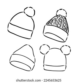 Doodle autumn knitted hat with pompoun, hand drawn warm clothes for winter cold weather, seasonal accesories.Sketch,freehand minimalistic design, child drawing.Isolated.Vector illustration