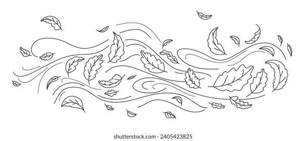 Doodle autumn leaves flying in the wind. Falling season outline backdrop, air flow leaves wave linear pattern or wind blowing doodle vector print. Autumn windy weather hand drawn monochrome background