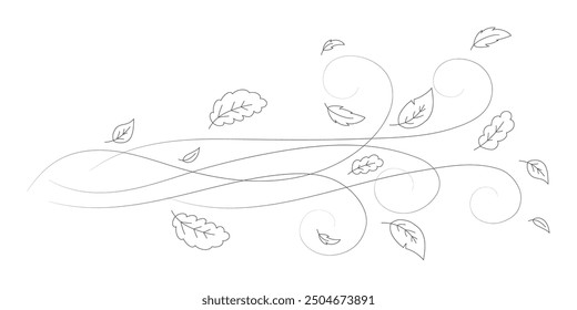 Doodle autumn leaves flying in the wind. Falling season outline backdrop, air flow leaves wave linear pattern or wind blowing doodle vector print. Autumn windy weather hand drawn monochrome background