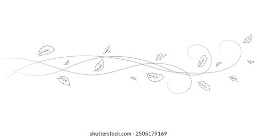 Doodle Herbst Blätter fliegen im Wind. Fallende Saison Umriss Hintergrund, Luftstrom verlässt Welle linearen Muster oder Wind bläst doodle Vektordruck. Herbst windiges Wetter, handgezeichnet, monochromer Hintergrund