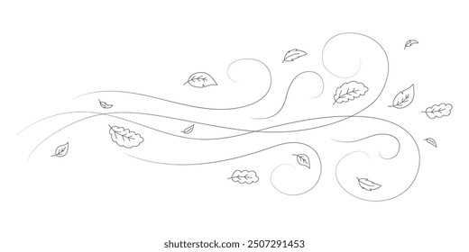 Doodle hojas de otoño volando en el viento. El telón de fondo del contorno de la temporada de otoño, el flujo de aire deja un patrón lineal de onda o una impresión de Vector de doodle que sopla el viento. Fondo monocromático dibujado a mano de Clima ventoso de otoño