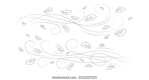 As folhas de outono rabiscadas voam ao vento. Plano de fundo de contorno da estação de queda, fluxo de ar deixa onda padrão linear ou vento soprando doodle vetor imprimir. outono vento tempo mão desenhado fundo monocromático