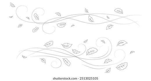 Doodle hojas de otoño volando en el viento. El telón de fondo del contorno de la temporada de otoño, el flujo de aire deja un patrón lineal de onda o una impresión de Vector de doodle que sopla el viento. Fondo monocromático dibujado a mano de Clima ventoso de otoño