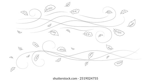 Doodle autumn leaves flying in the wind. Falling season outline backdrop, air flow leaves wave linear pattern or wind blowing doodle vector print. Autumn windy weather hand drawn monochrome background
