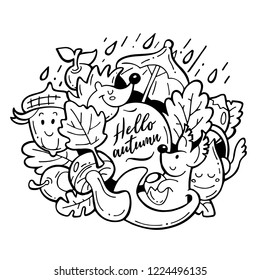 Doodle autumn pattern with cute cartoon animals. Black and white hand drawn happy rainy weather illustration with text slogan for card, banner, kids coloring book, t-shirt, fabric print 