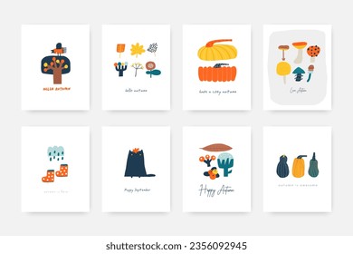 Doodle autumn postcards set. Cute hand drawn cartoon style card, cover, print, page, brochure with fall elements, trees, animals, plants, pumpkin, cat, bird, mushrooms, rubber boots. Autumnal nature.