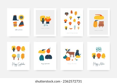 Doodle autumn postcards set. Cute hand drawn cartoon style card, cover, print, page, brochure with fall elements, trees, animals, plants, owl, moose, cat, coffee, pumpkins, cloud. Autumnal nature.