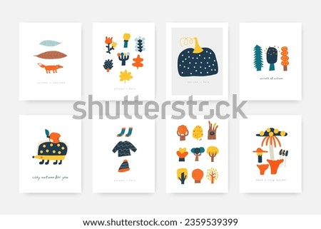 Doodle autumn postcards set. Cute hand drawn cartoon style card, cover, print, page, brochure with fall elements, trees, animals, plants, pumpkin, hedgehog, fox, trees sweater Autumnal nature