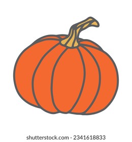 Doodle autumn pumpkin vector illustration. Hand drawn cute fall vegetable. Simple colorful design, ripe harvest isolated on white background. Orange gourd food